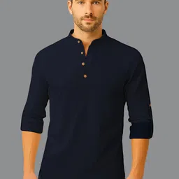 Yugnik Mandarin Collar Roll-Up Sleeves Cotton Straight Short Kurta-image-18