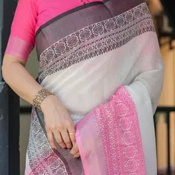 ALMAARI FASHION Woven Design Pure Linen Banarasi Saree image 4