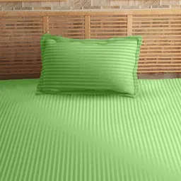 Sleeping Owls Lime Green Striped 210 TC Single Bedsheet with 1 Pillow Covers image 2