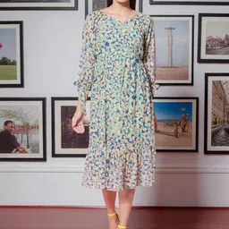 KATLINE Women Floral Printed V-Neck Georgette Puff Sleeves A-Line Midi Dress with Slits-picture-30