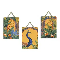 ArtVibes Yellow & Green 3 Pieces Peacock Printed Wooden Wall Hanging Decors image 3