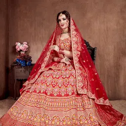 FABPIXEL Red & Pink Embroidered Beads and Stones Semi-Stitched Lehenga & Unstitched Blouse With Dupatta image 5