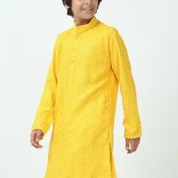 CHILINS Boys Geometric Embroidered Band Collar Sequinned Straight Kurta & Trousers image 4