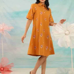 MISRI Women Floral Printed Shirt Collar A-Line Midi Dress image 3