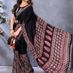 KALINI Black Pure Crepe Printed Sarees image 5