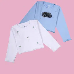 KiddoPanti Girls Blue Cotton Self Design Tshirts-picture-21