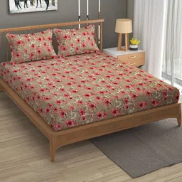 FURNOFY Brown & Pink Floral Motifs Bedsheet with 2 Pillow Covers image 2