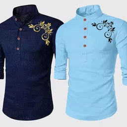 deemoon Pack of 2 Men Floral Print Cotton Blend Straight Kurta-picture-11