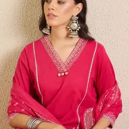 Indo Era Women Ethnic Motifs Regular Thread Work Pure Cotton Kurta with Trousers & With Dupatta image 3