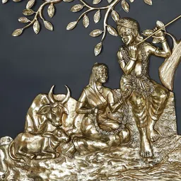 Exotic India Gold Toned Radha Krishna Seated Under The Tree With Cow & Calf Wall Hanging image 2