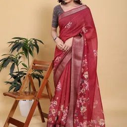 Jinal & Jinal Floral Zari Linen Blend Saree-picture-23