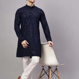 shreeram Yugnik Men Chikan Embroidery A-line Kurta (Dark Blue) image 2