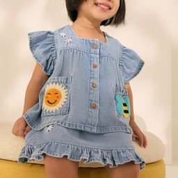 NEXT Girls Denim Applique & Ruffles Pure Cotton Top with Floral Embroidered Skirt-picture-15