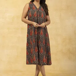 SPARSA Ethnic Motifs Printed Pure Cotton A-Line Midi Dress-image-8