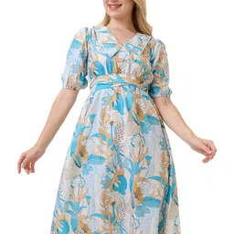 Amarasha Tropical Print Puff Sleeve Crepe Fit & Flare Dress-image-0