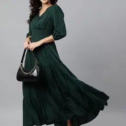 Femvy V-Neck Puff Sleeves A-Line Dresses-picture-13