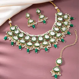 Peora Gold-Plated Kundan-Studded & Beaded Jewellery Set-picture-35