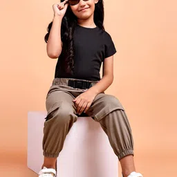 YK Girls Ribbed Pure Cotton Top With Cargo Joggers-image-3