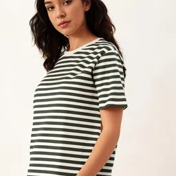 mack jonney Women Striped Round Neck Cotton Blend Green, White T-Shirt-picture-12