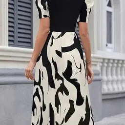 shyam sundari Women Fit and Flare Beige, Black Knee Length Dress image 3