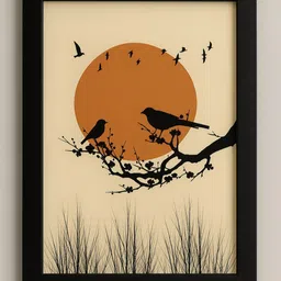 mishra Birds on Branch Wall Art with Black Frame | Sunset Silhouette Nature Artwork 13 inch Photo-picture-27