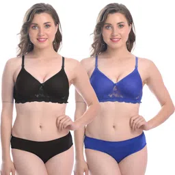 Women Black,Blue Cotton Bra Panty Set for Lingerie Set Undergarments Pack of 2-image-43