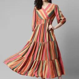 Krunal Raiyani Women Colourblocked V-Neck Tiered Smocked Detail Fit & Flare Maxi Dress-image-86