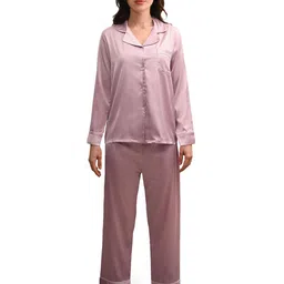 Sleepsia Women Ballerina Pink Satin Full Sleeves Shirt & Pyjama Night Set-image-21