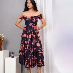 IQRAAR Tie and Dye Off-Shoulder Smocked Fit & Flare Midi Dress-image-83