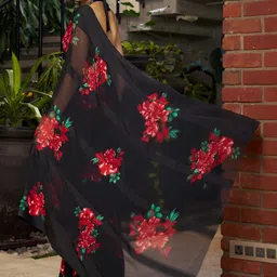 GHAN SALS Floral Printed Baluchari Saree With Blouse Piece image 3