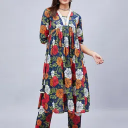 WineRed Women Floral Printed Regular Pure Cotton Kurta with Trousers-picture-37