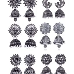 Sangria Set Of 6 Silver Plated Oxidized Jhumka Earrings-image-94