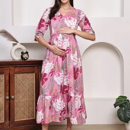 Frempy Floral Print Maternity A-Line Midi Dress-image-22