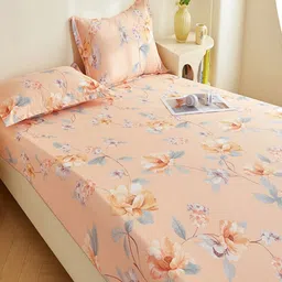 JC HOME Pink & Grey Floral King Bedsheet with 2 Pillow Covers image 2