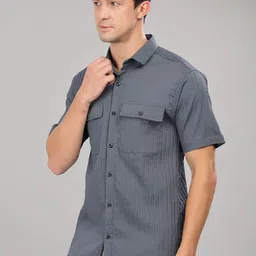 7TH LEGION Smart Textured Striped Spread Collar Double Pocket Casual Shirt image 2