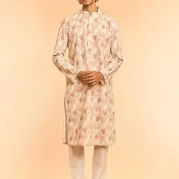 Diwas by Manyavar Floral Printed Mandarin Collar Chikankari Straight Kurta With Pyjamas-picture-36