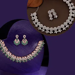 DIVASTRI Set Of 2 Gold & Silver Plated Artificial Stones Studded Necklace With Earrings-picture-16