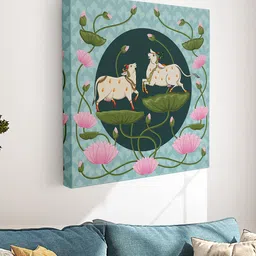 Livin'luxe Blue & Green Pichwai Cow Birds And Animals Canvas Wall Art image 2