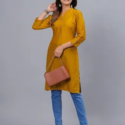 CROESUS Women Mandarin Collar Roll-Up Sleeves Cotton A-Line Kurta-image-4