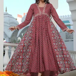 vbuyz KALINI Floral Printed Square Neck Long Sleeves Empire Pure Cotton Anarkali Kurta-picture-14