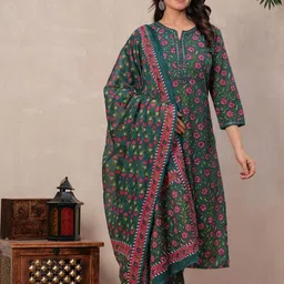 NAVYAAZRI Women Floral Printed Regular Mirror Work Cotton Kurta with Trousers & Dupatta-picture-23