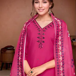 Suha Women Embroidered Regular Mirror Work Chanderi Silk Kurta with Trousers & With Dupatta image 4