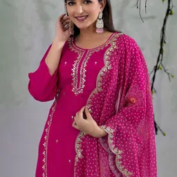 SANISA Women Woven Design Embroidered Kurta with Trousers & Dupatta image 5