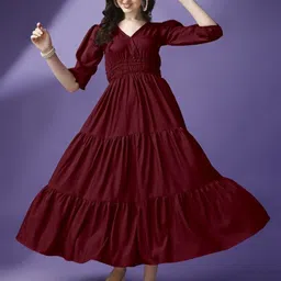 Krunal Raiyani Women V-Neck Tiered Crepe Fit & Flare Maxi Dress-image-0