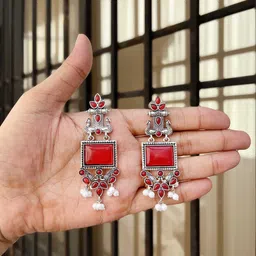 Anouk Silver Plated Stones Studded & Beaded Oxidised Peacock Shaped Drop Earrings-image-85