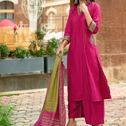 MITTOO Women Ethnic Motifs Embroidered Regular Thread Work Chanderi Silk Kurta with Palazzos & With Dupatta image 2