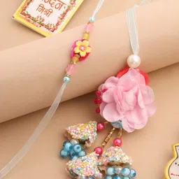 Sangria Floral Set of 2 Artificial Stones Studded & Pearls Beaded Thread Rakhi-picture-32