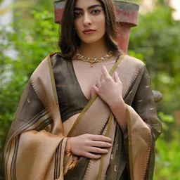 VISHNU WEAVES Tortilla Coffee Woven Design Linen Silk Zari Butti Weaves Saree image 4