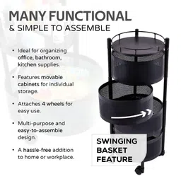 Myntra Elegant Homes Black Metal 4-Layer Rotating Storage Rack Trolley with Wheels image 3