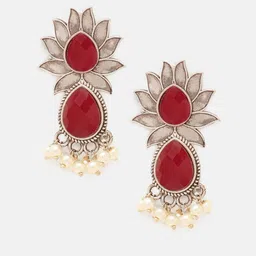 Priyaasi Silver Plated Ruby Studded Floral Oxidised Drop Earrings image 3